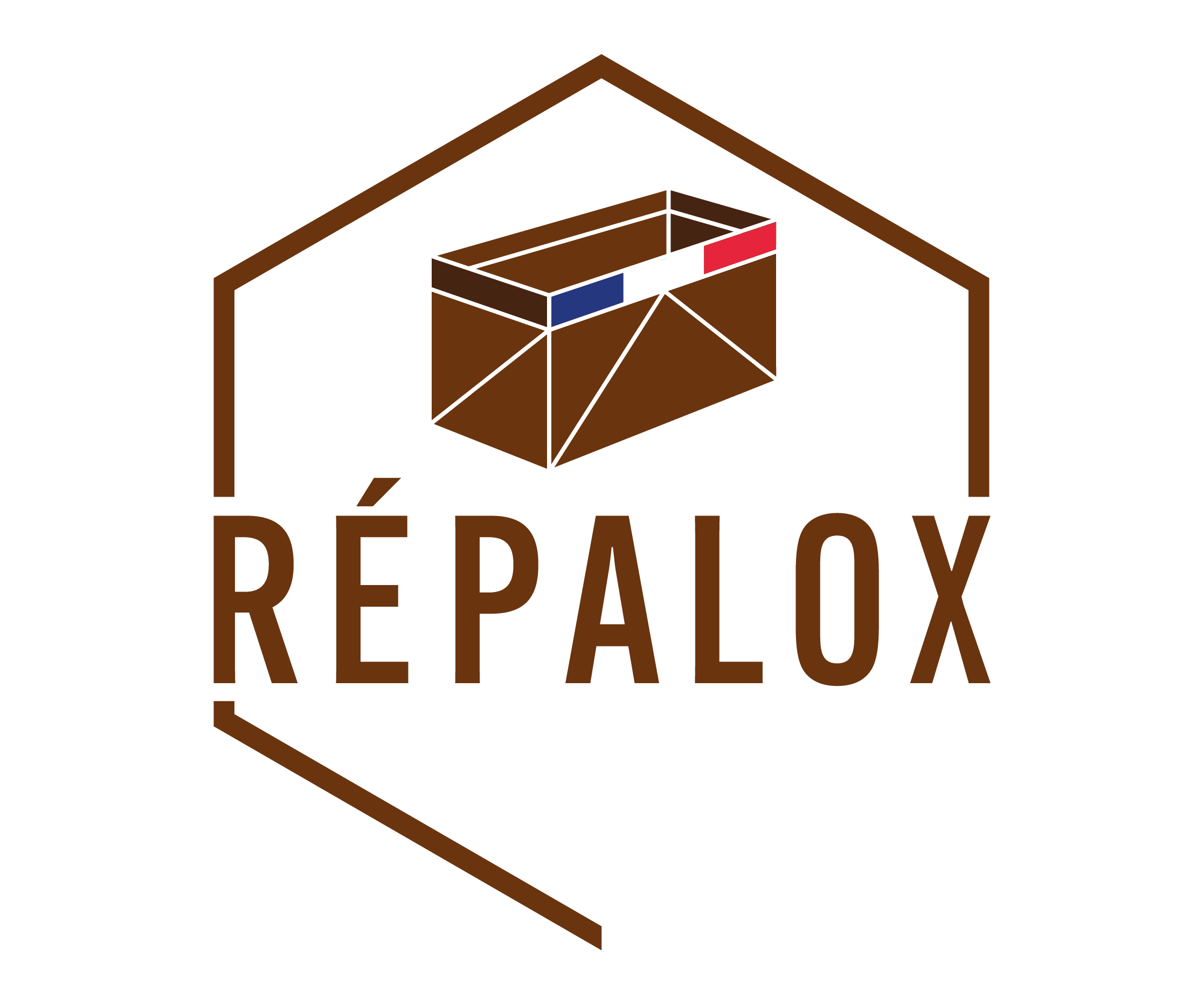 Logo hexagonal marron, boîte aux couleurs bleu, blanc et rouge et texte RÉPALOX.